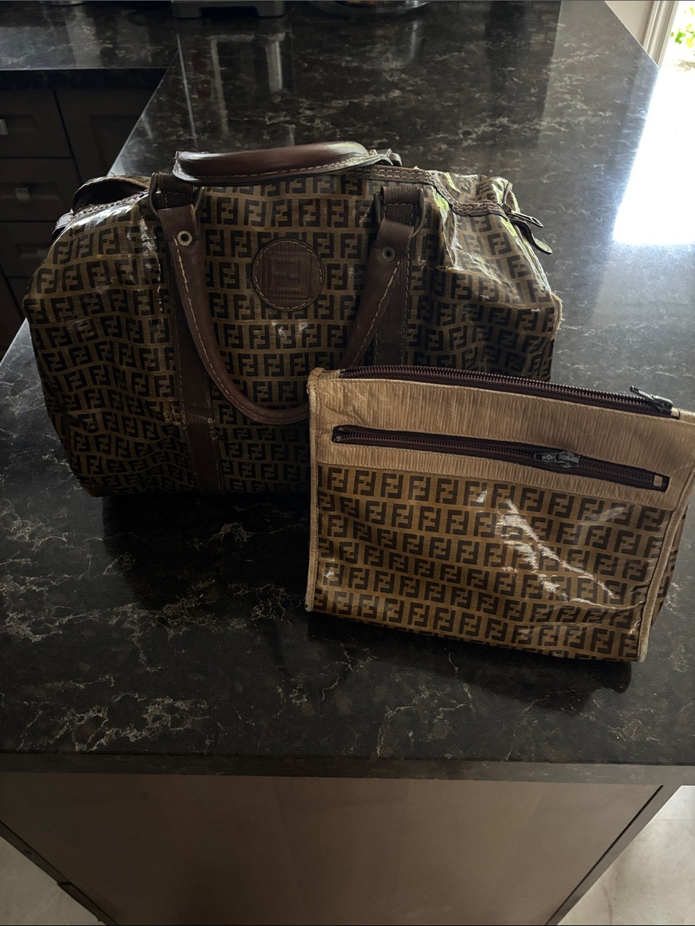 Fendi Brown & Tan FF Monogram Weekend Holdall with Matching Pouch